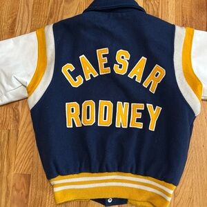 Vintage 1970s Navy & Yellow Varsity Jacket With Leather Sleeves